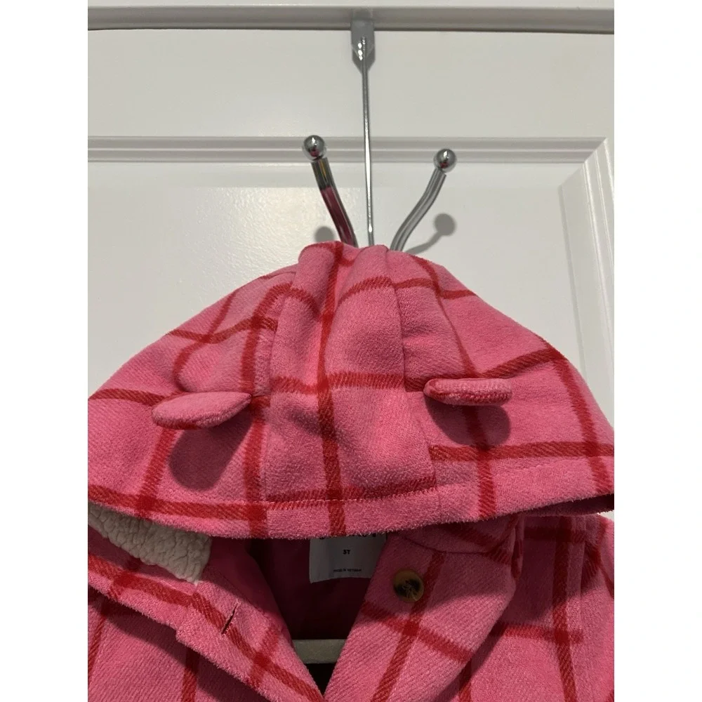✨ Old Navy Plaid Button-Front Critter Hooded Coat Toddler‎ Size 3T  Pink Plaid